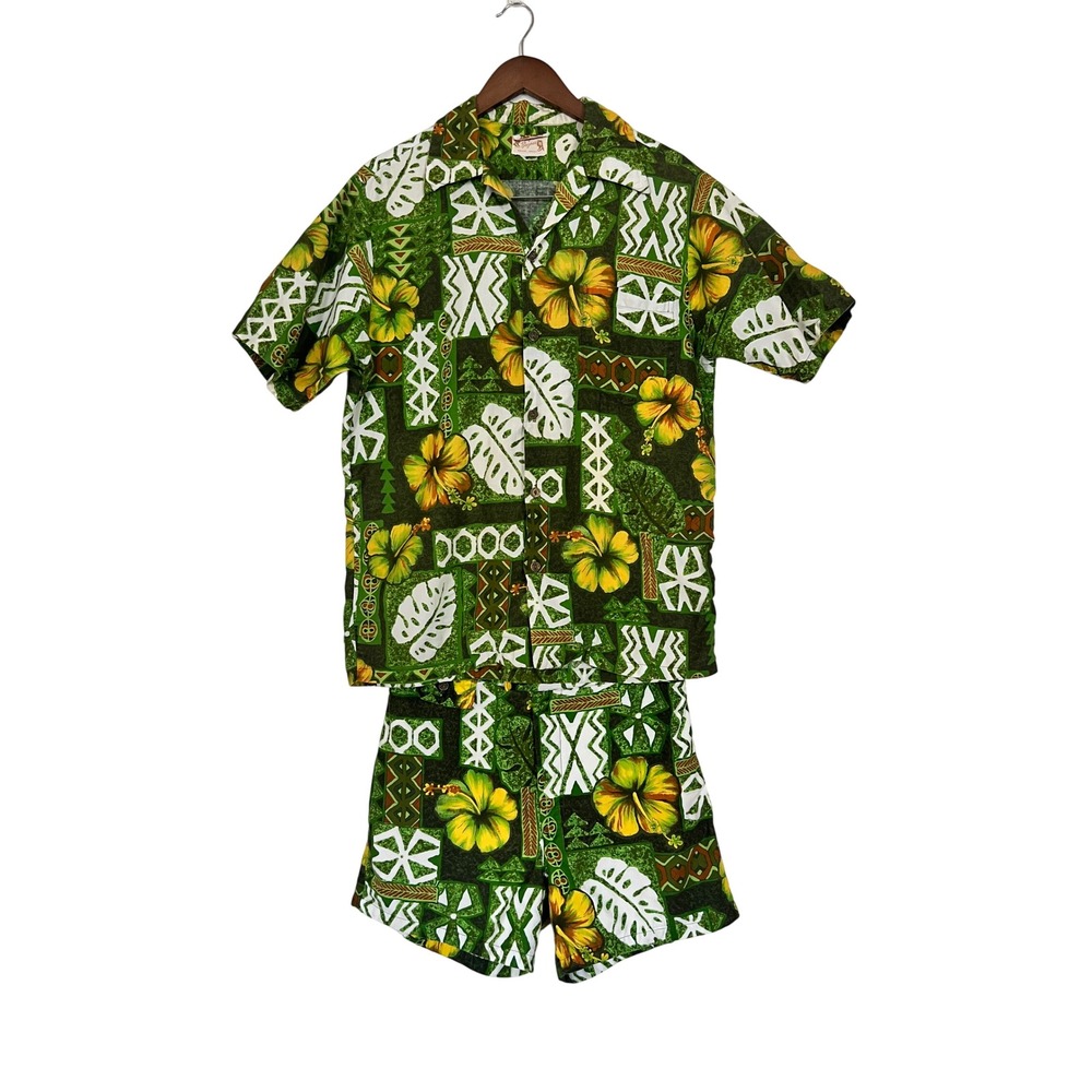 Vintage 70s International Bazaar Hawaii Shirt and Swim Trunks Set Green Yellow